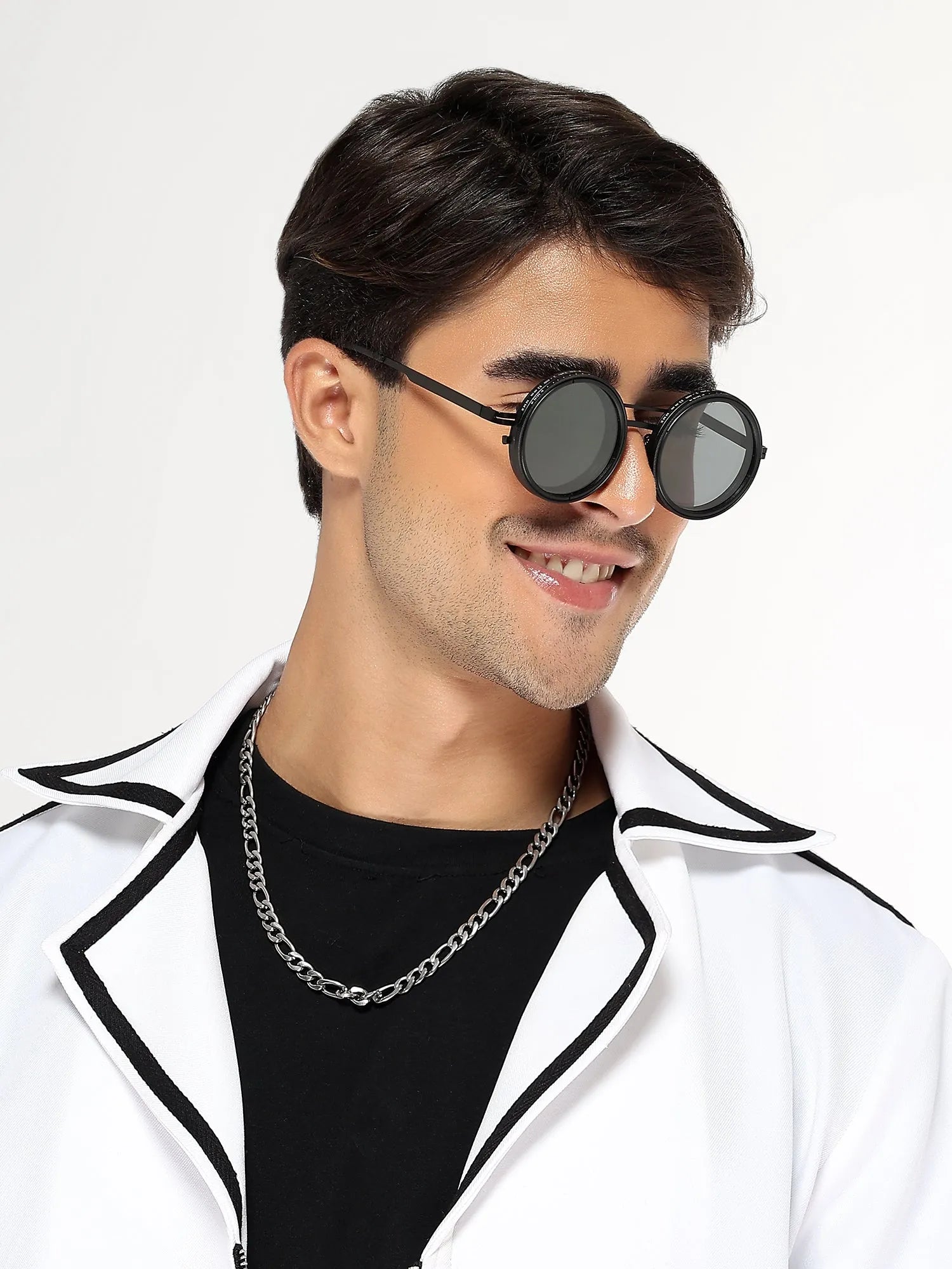 APERTURE | Black Large Full Rim Round Sunglasses for Men & Women [Tint Adjustable]