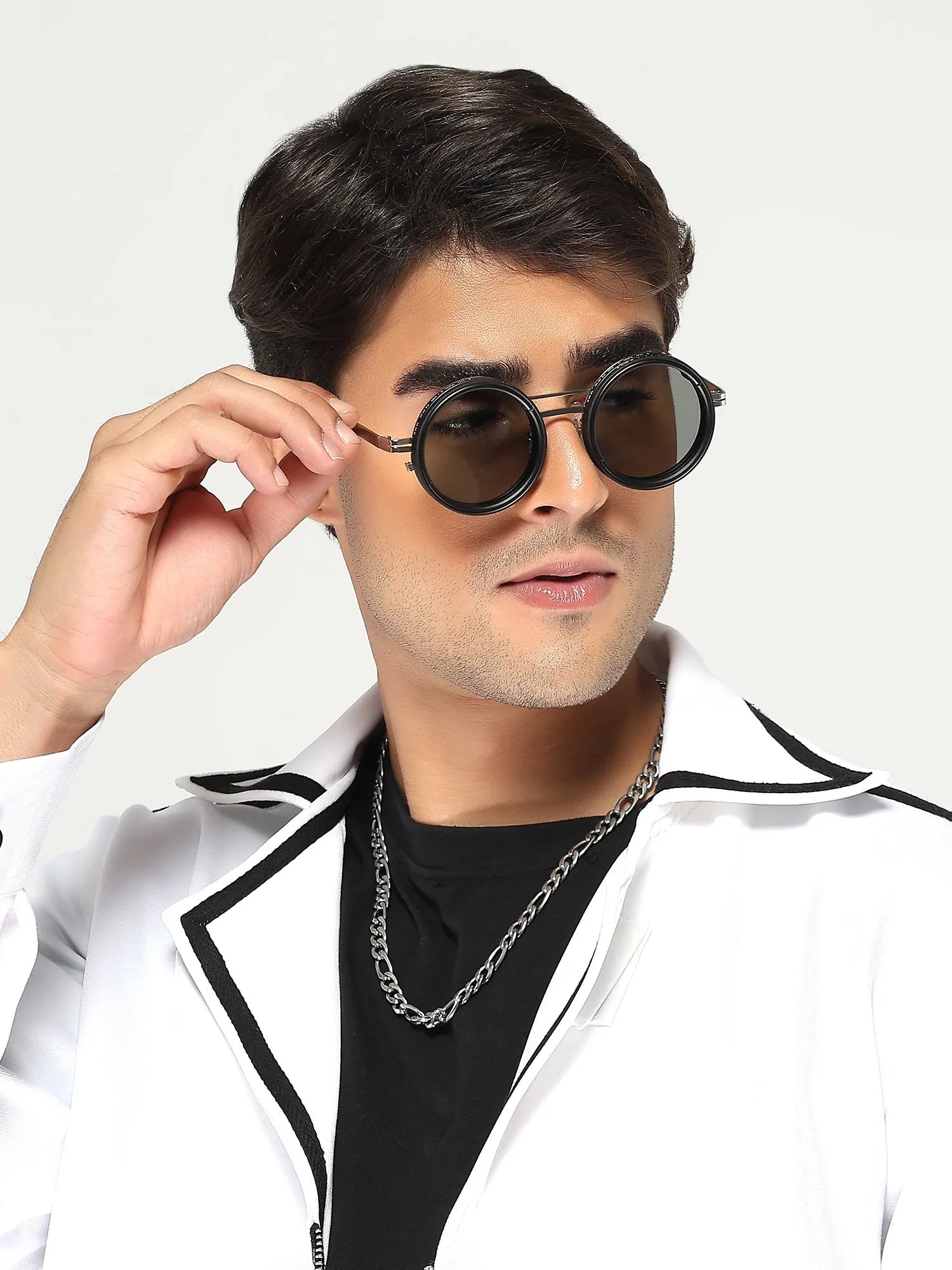 APERTURE | Silver & Black Large Full Rim Round Sunglasses for Men & Women [Tint Adjustable]