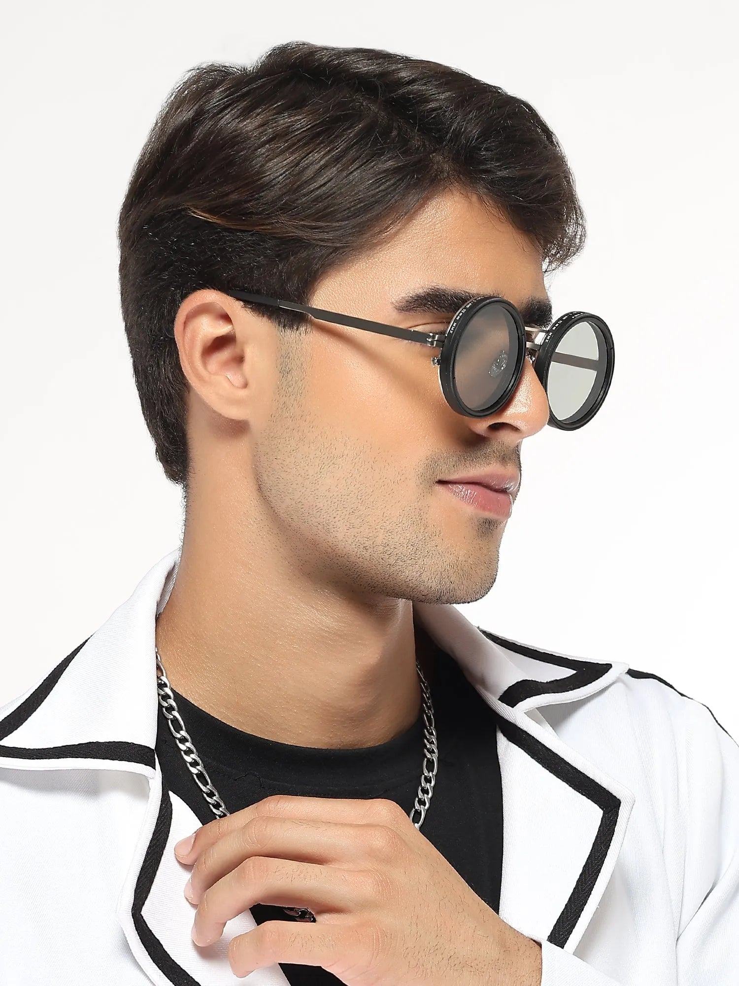APERTURE | Silver & Black Large Full Rim Round Sunglasses for Men & Women [Tint Adjustable]