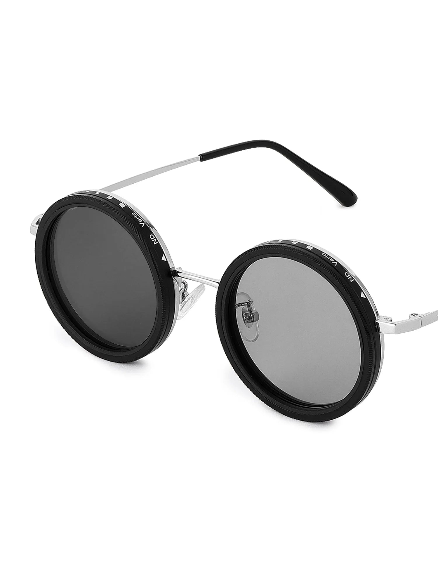 APERTURE SB | Silver & Black Large Full Rim Round Sunglasses for Men & Women [Tint Adjustable]