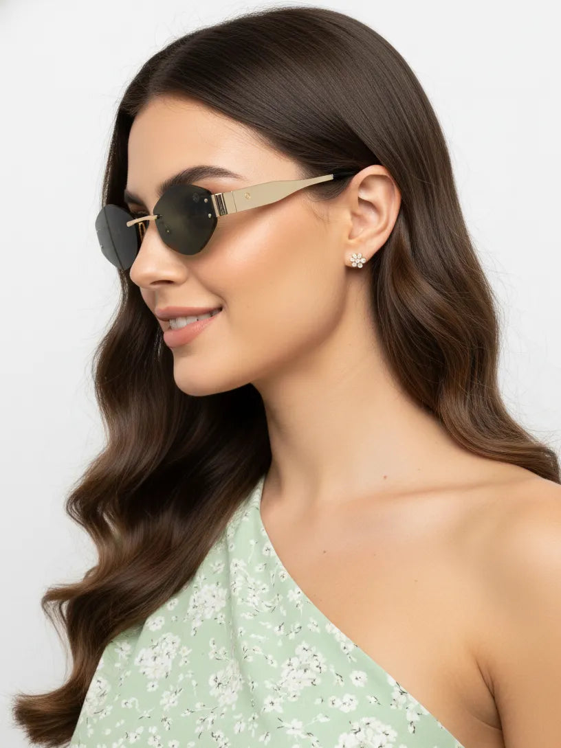SEVA | Golden Green Medium Rim Less Diamond with Lock Side Hinges Sunglasses for Men & Women [UV-protected]