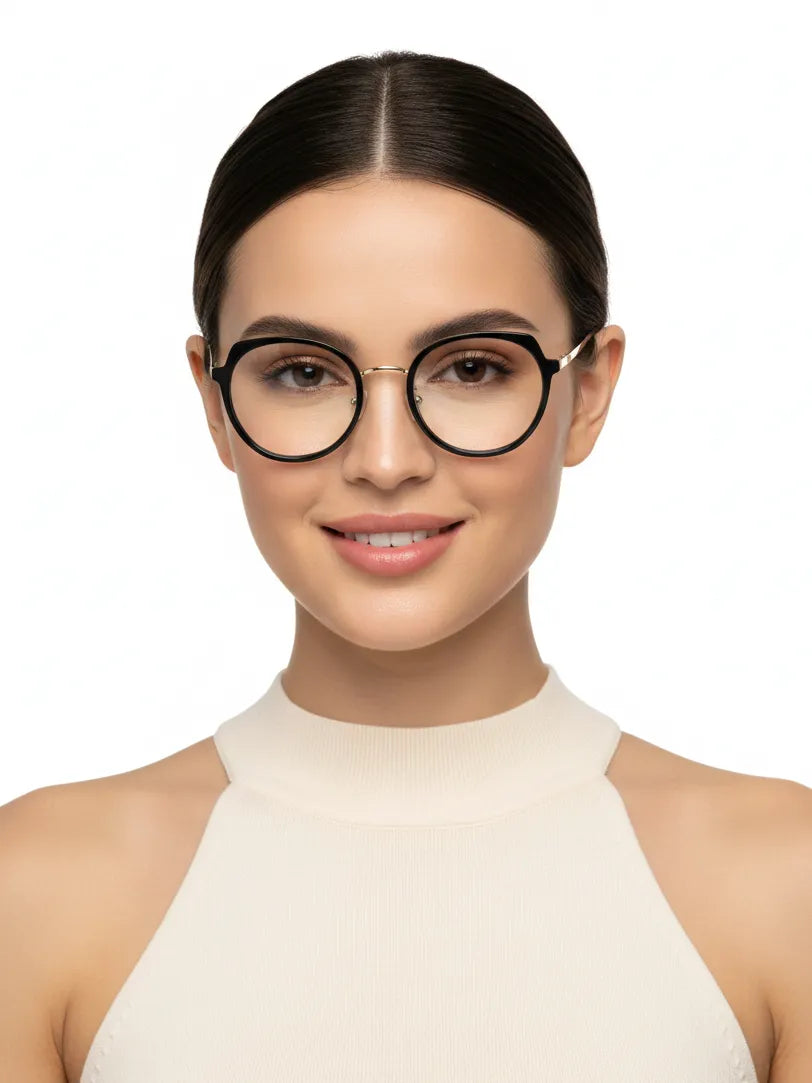 Photogrey | Black & Golden Medium Full Rim Round Sunglasses for Men & Women [Photochromic]