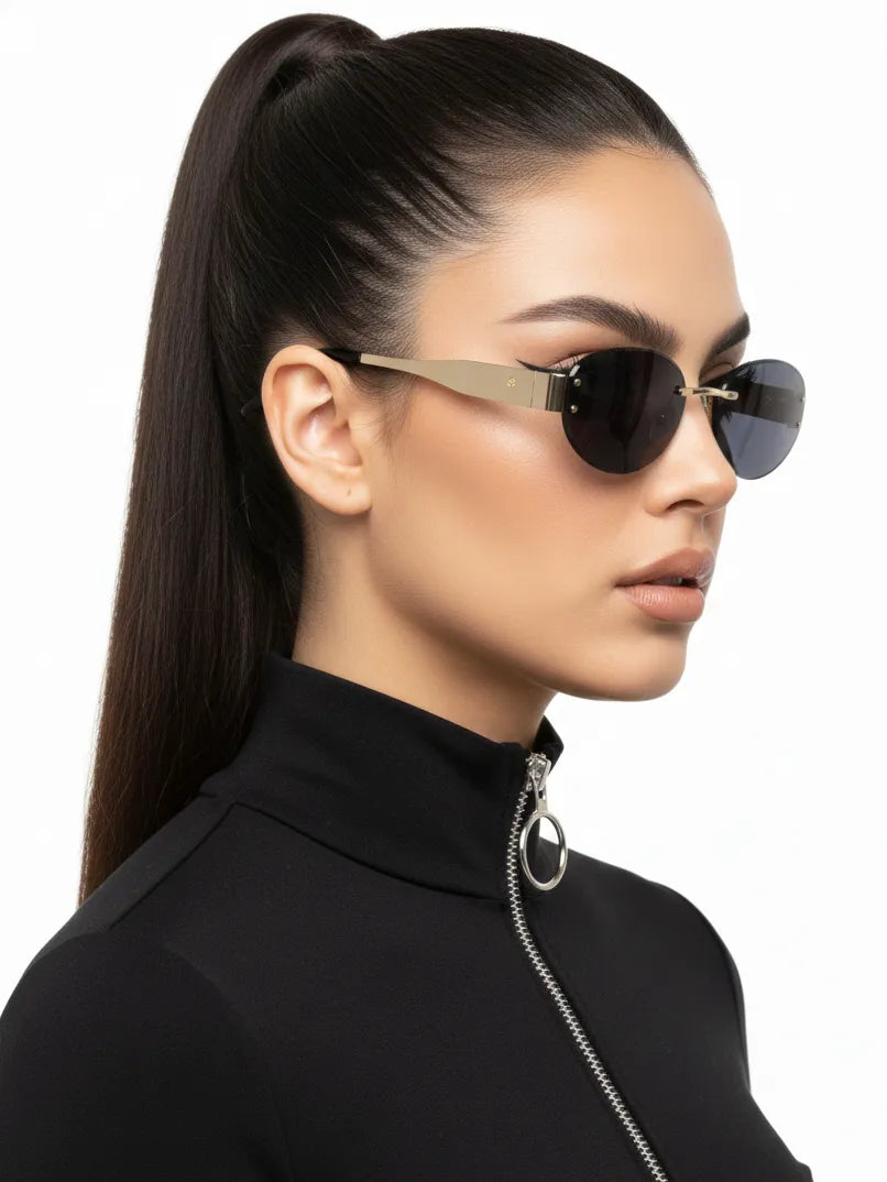 Kitto | Black Medium Rim Less Oval Sunglasses for Men & Women [UV-protected]