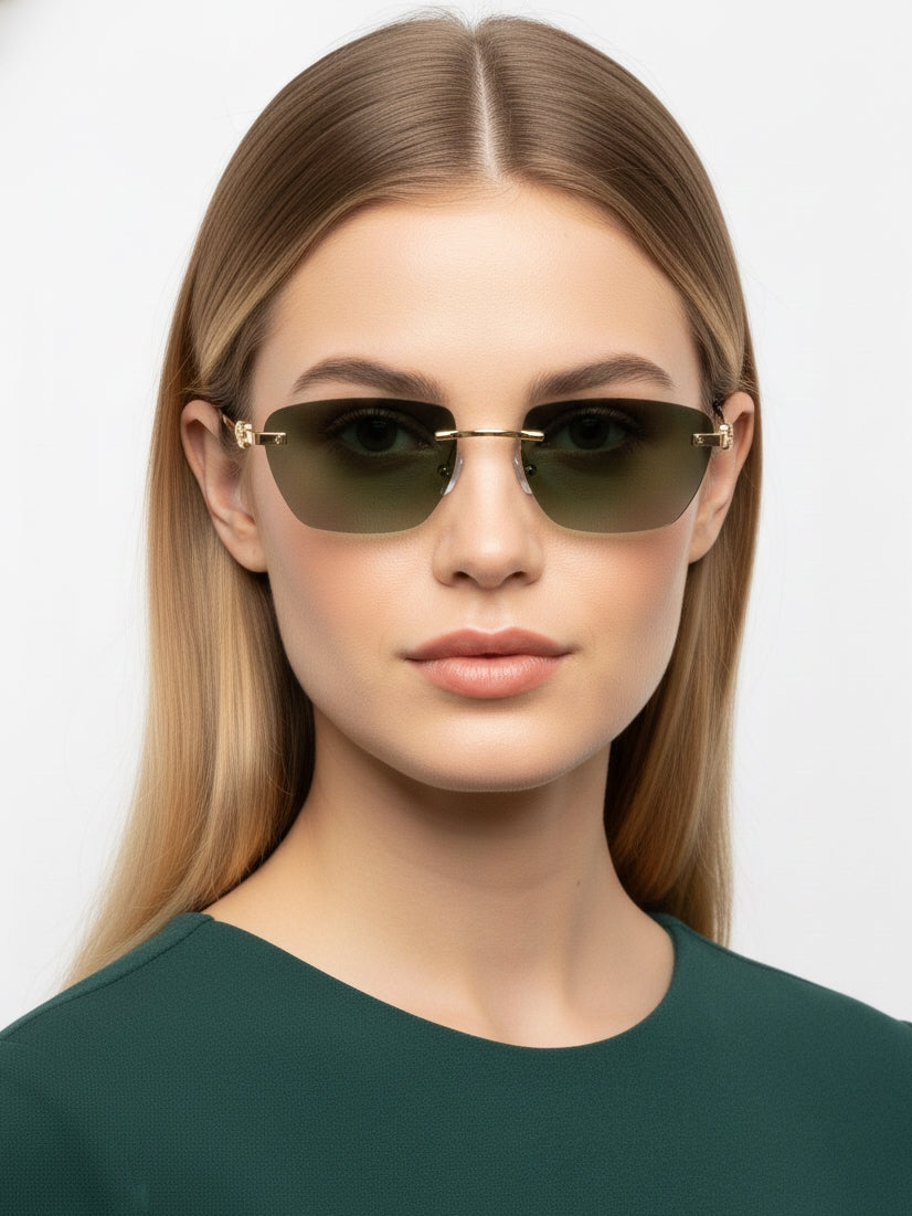 Pyrion | Green Medium Rim Less Rectangle Sunglasses for Men [UV-protected]