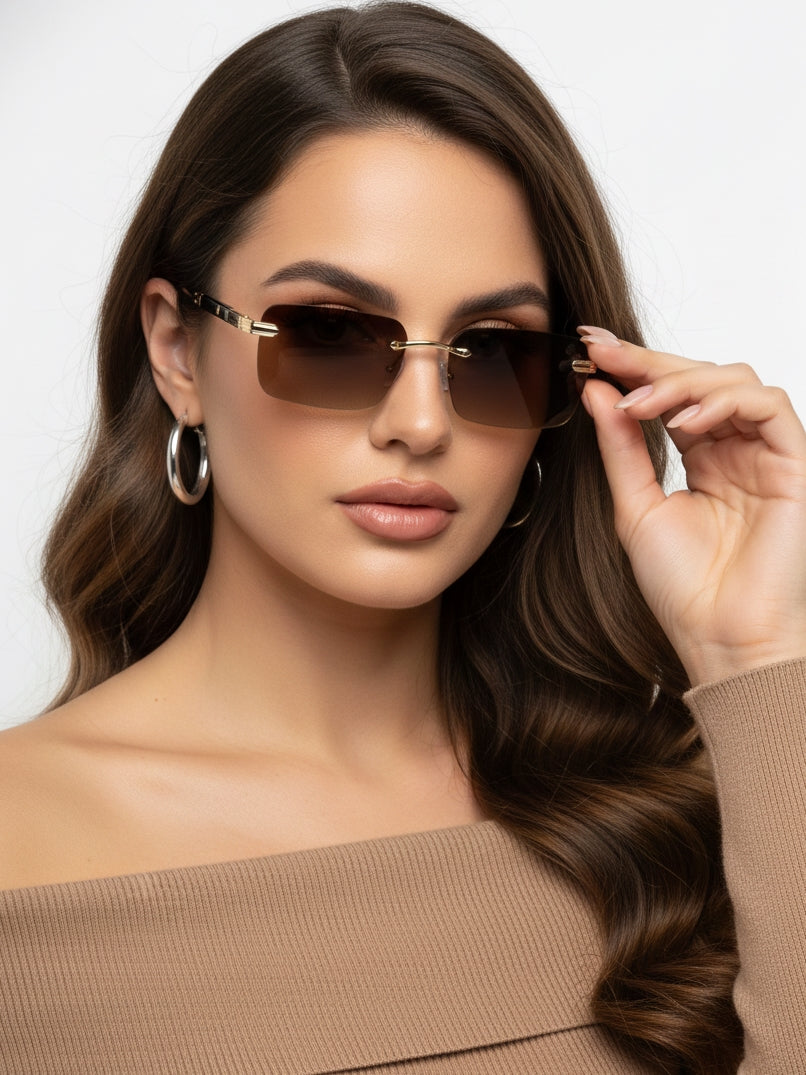 Veyra | Brown Medium Rim Less Rectangle Sunglasses for Men [UV-protected]