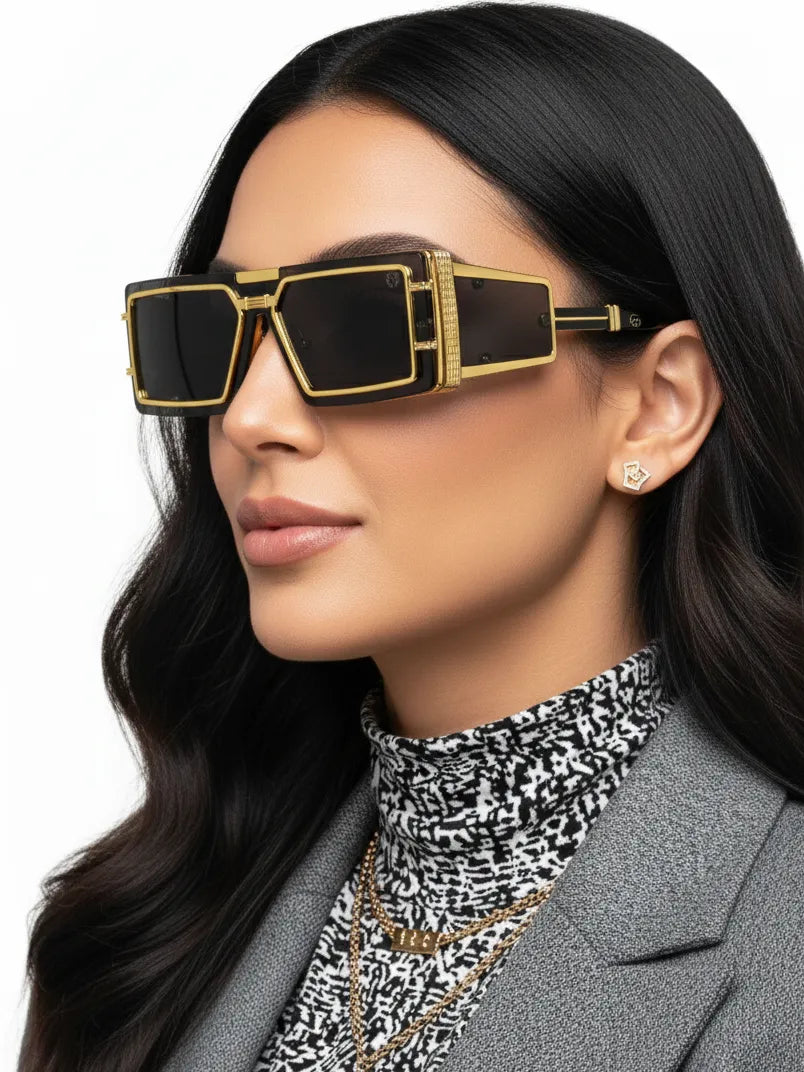 Lythara | Golden & Black Medium Full Rim Rectangle Sunglasses for Men & Women [UV-protected]