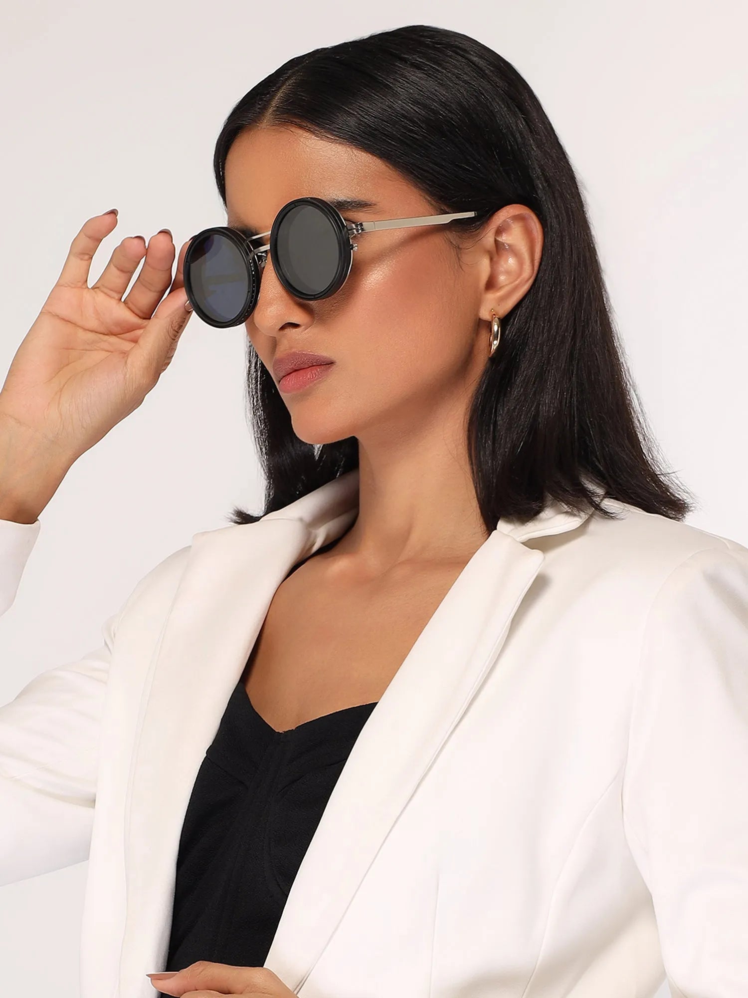 APERTURE | Silver & Black Large Full Rim Round Sunglasses for Men & Women [Tint Adjustable]