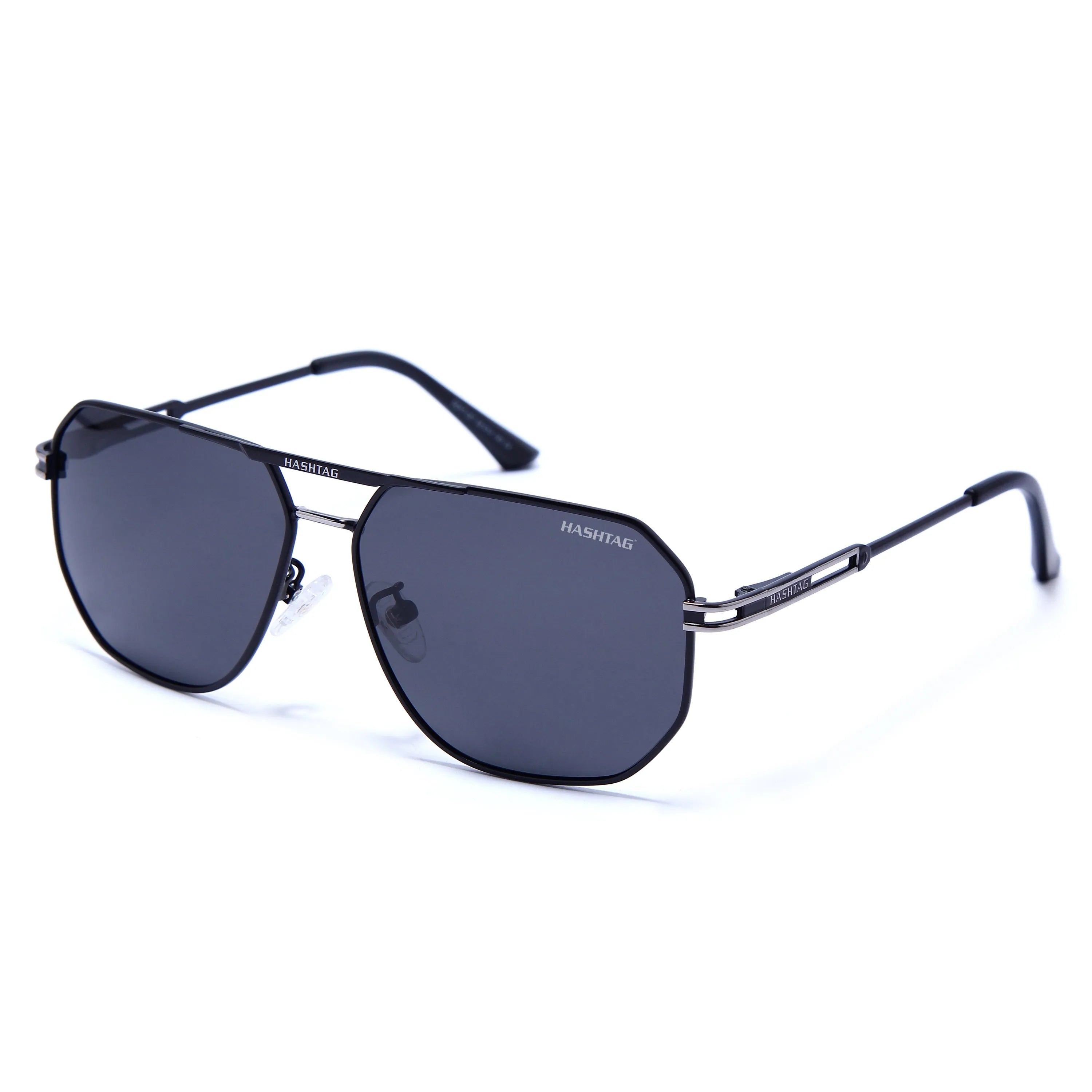Sion | Silver & Black Medium Full Rim Haxagonal Sunglasses for Men & Women [Polarized]