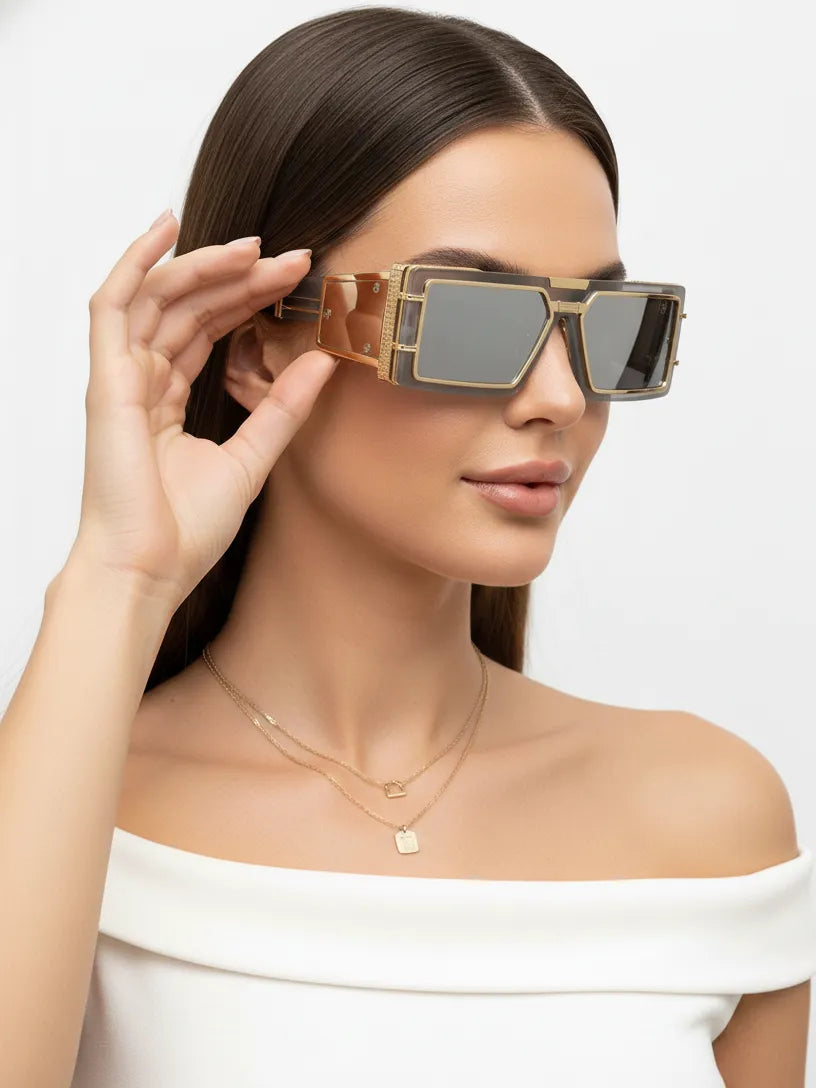 Lythara | Light Golden & Black Medium Full Rim Rectangle Sunglasses for Men & Women [UV-protected]