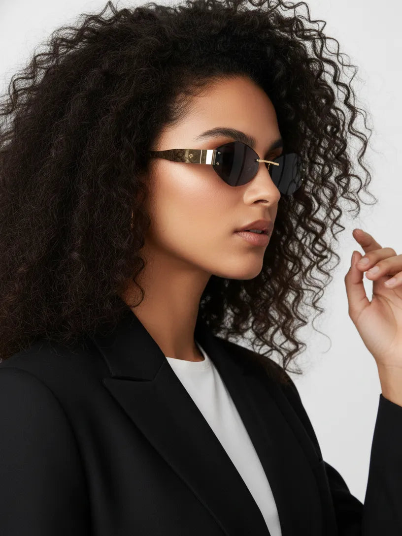 SEVA | Golden Black Medium Rim Less Diamond with Lock Side Hinges Sunglasses for Men & Women [UV-protected]