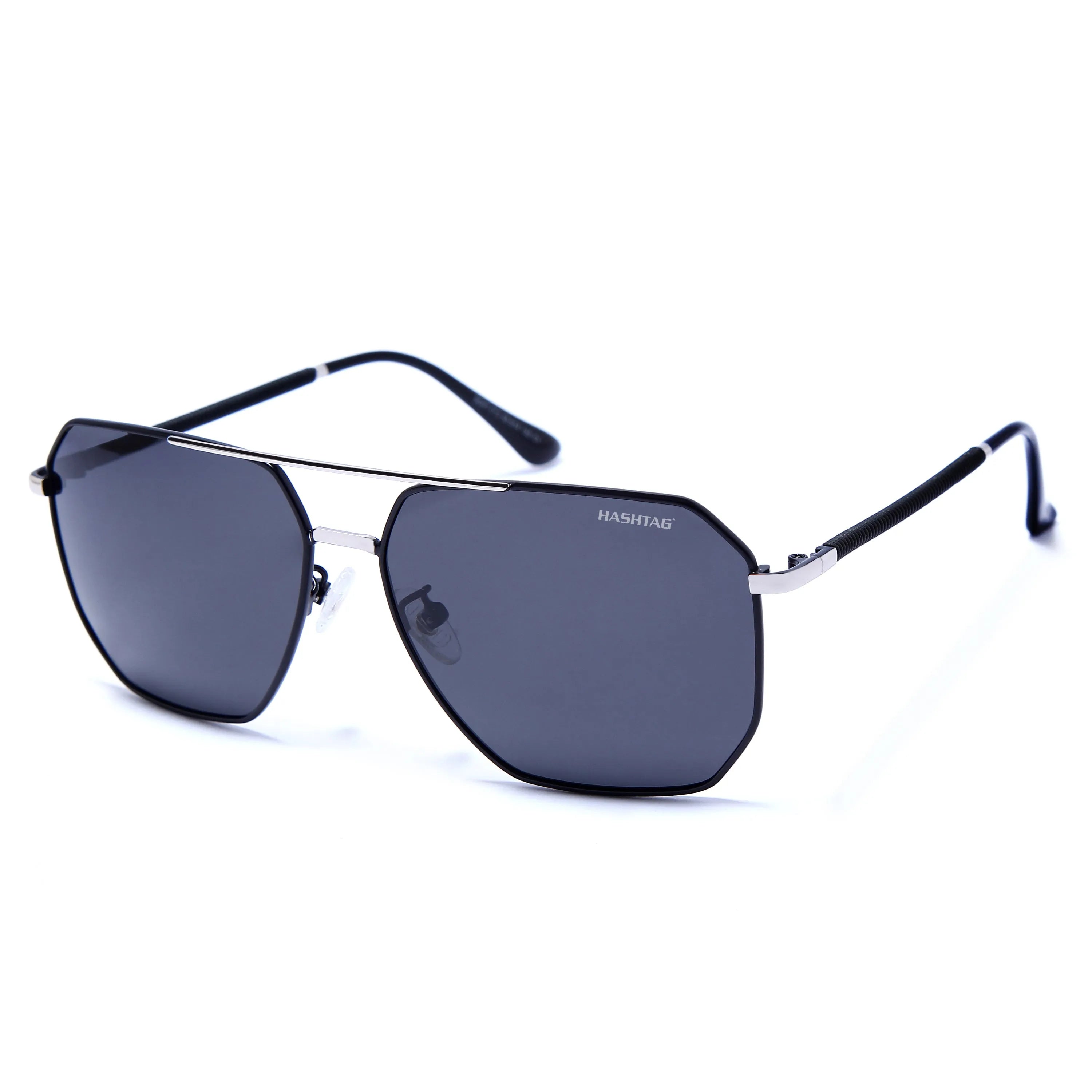 Lenis | Silver & Black Large Full Rim Haxagonal Sunglasses for Men & Women [Polarized]