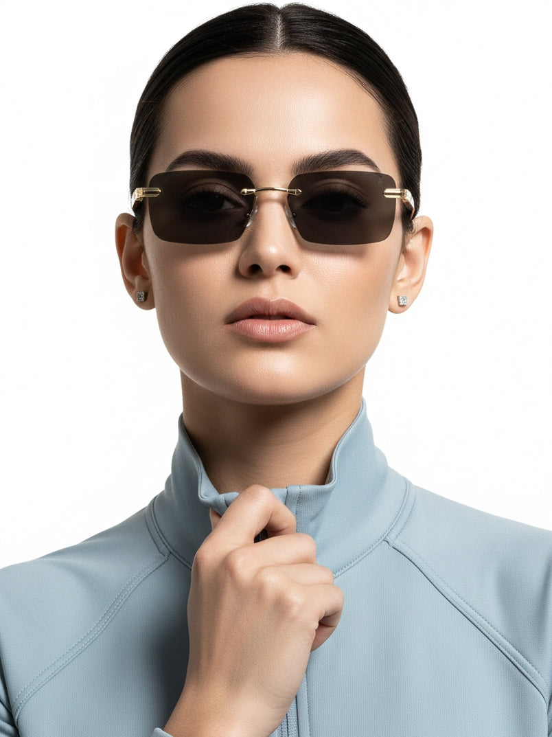 Veyra | Golden Medium Rim Less Rectangle Sunglasses for Men [UV-protected]