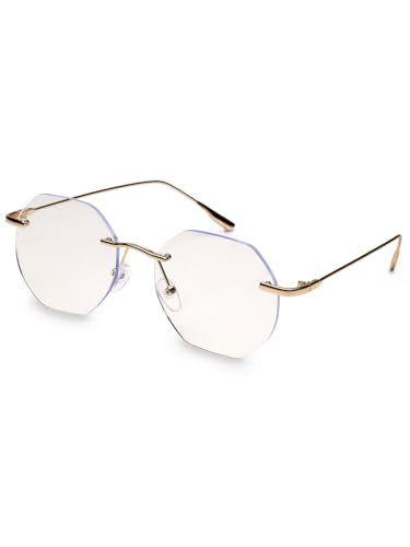 Hexora | Golden Medium Rim Less Octagon Computer Glasses for Men & Women [Blue Block]