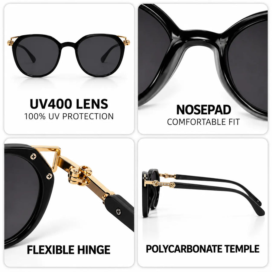 Vortex | Black Medium Full Rim Round Sunglasses for Women [UV-protected]