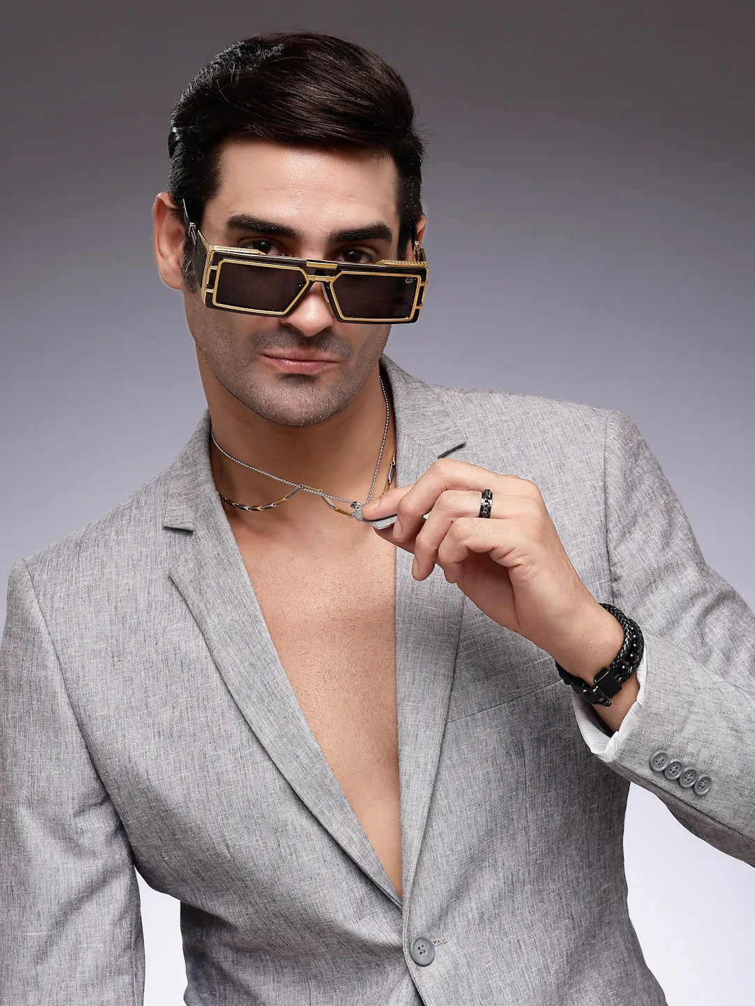 Lythara | Golden & Black Medium Full Rim Rectangle Sunglasses for Men & Women [UV-protected]