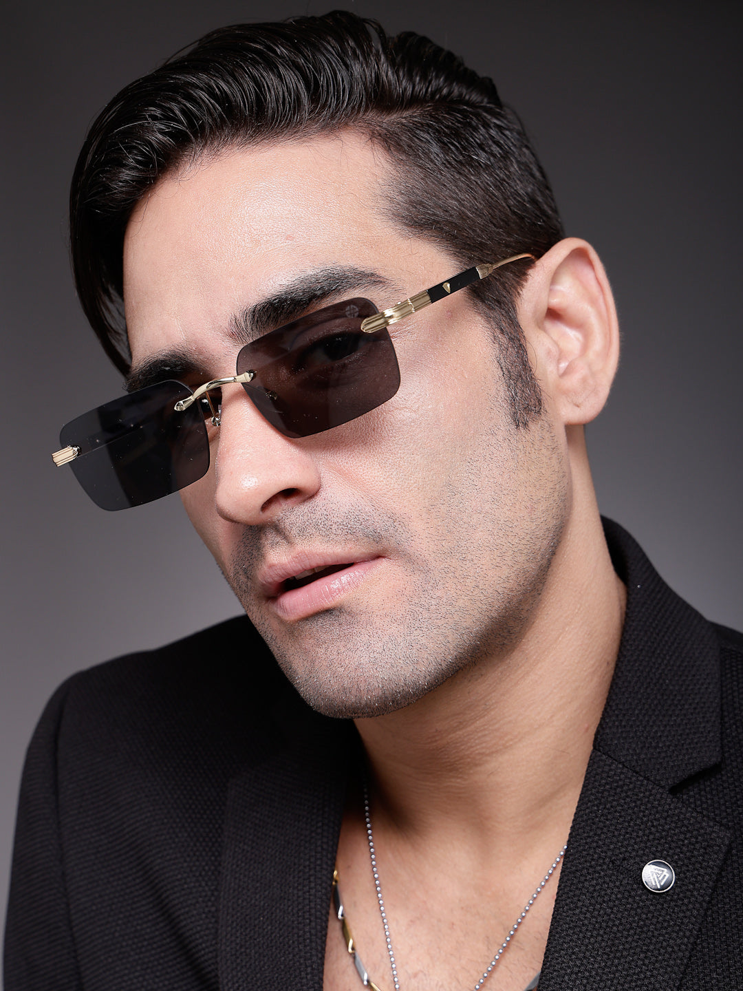 Veyra | Golden Medium Rim Less Rectangle Sunglasses for Men [UV-protected]