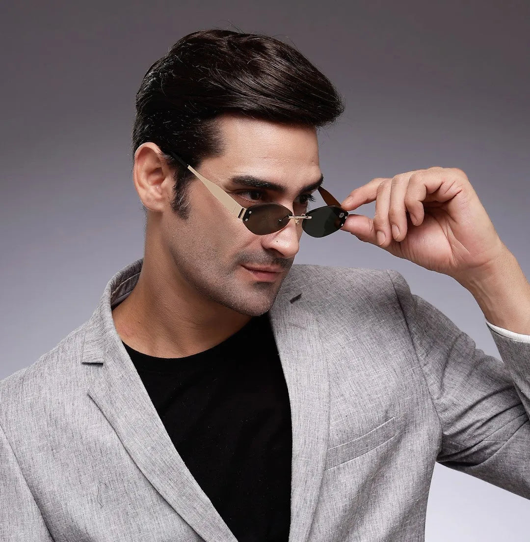 SEVA | Golden Green Medium Rim Less Diamond with Lock Side Hinges Sunglasses for Men & Women [UV-protected]