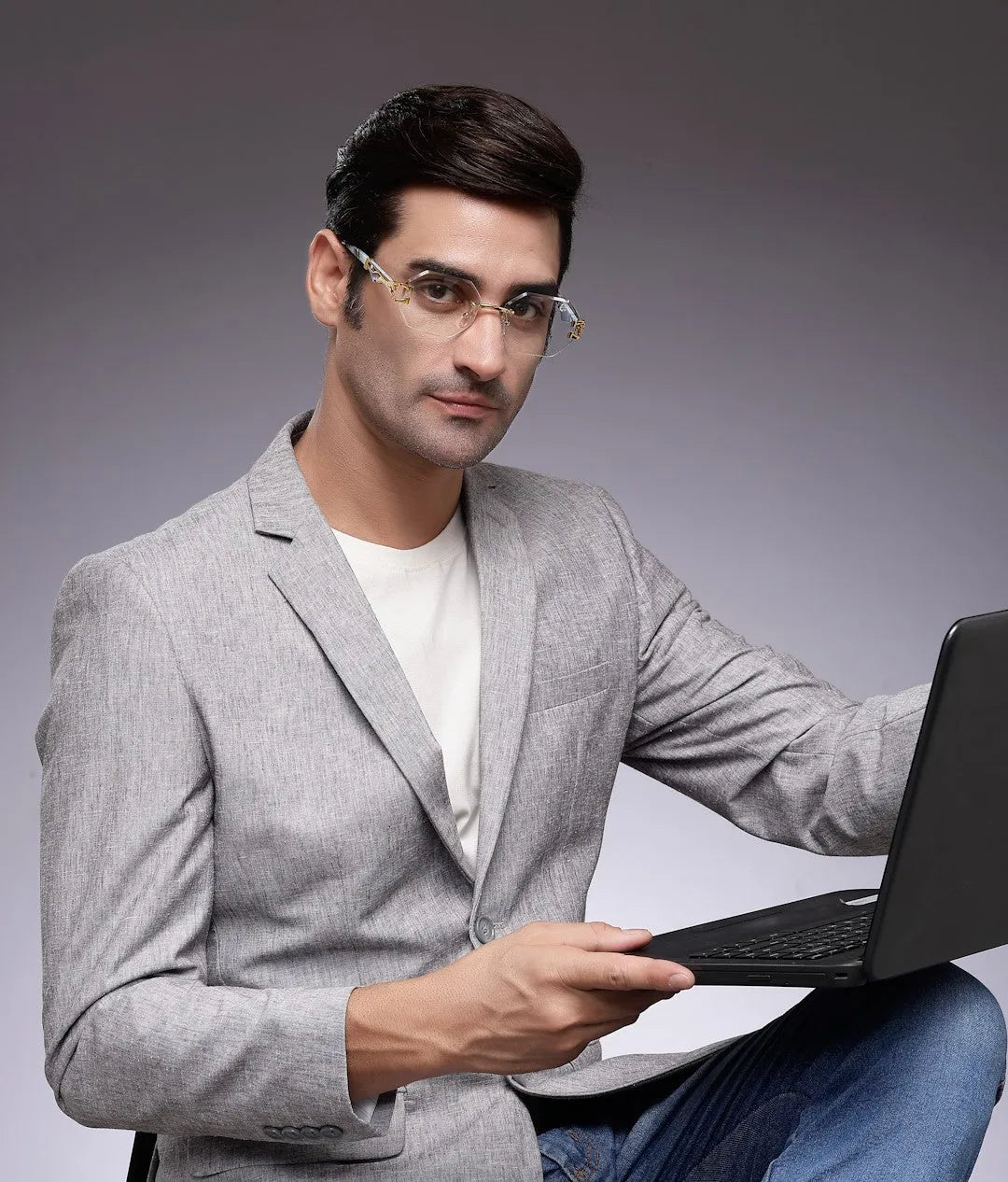 Astrolis | Golden Medium Rim Less Hexagonal Eyeglasses for Men [UV-protected]