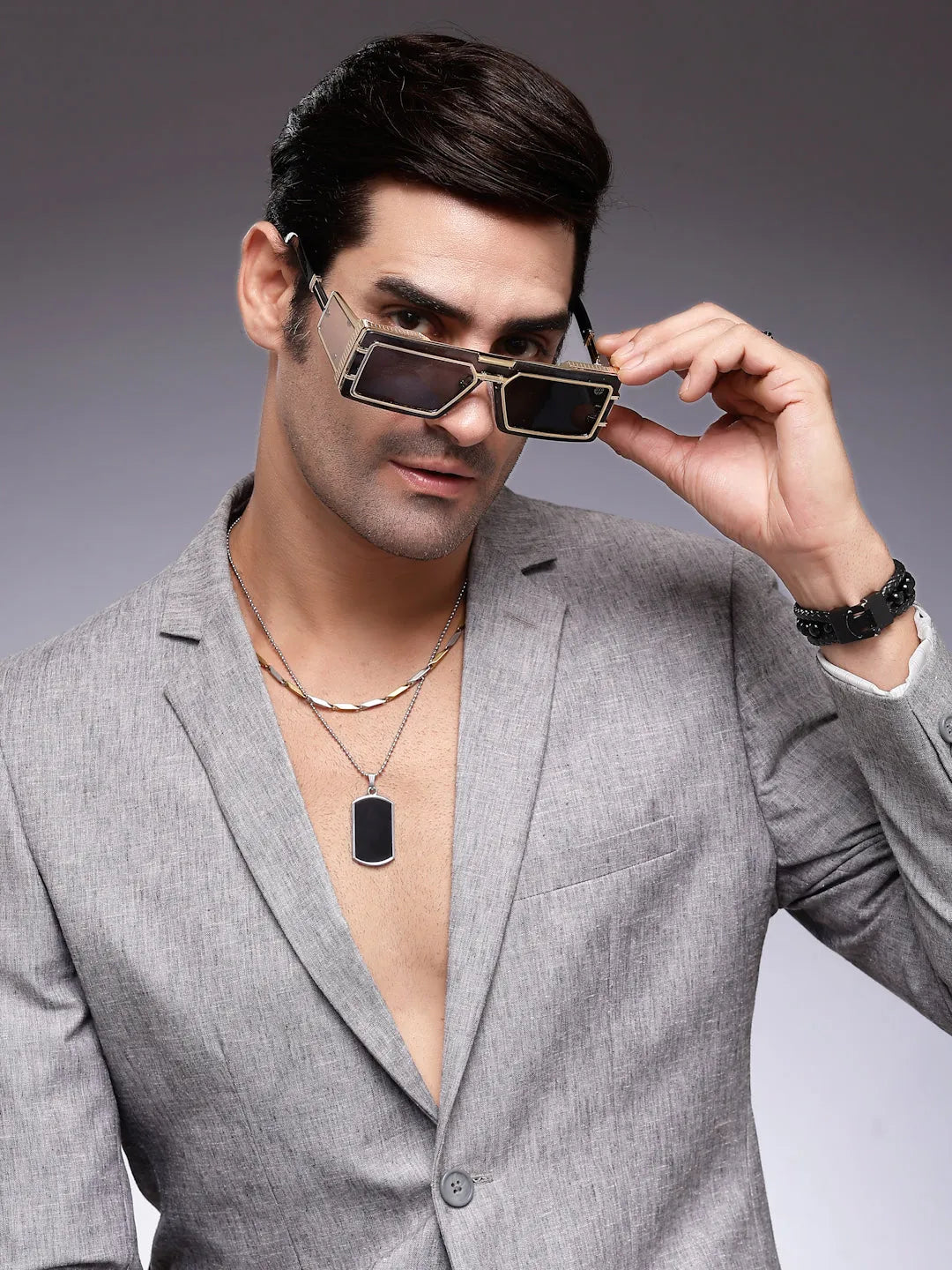 Lythara | Light Golden & Black Medium Full Rim Rectangle Sunglasses for Men & Women [UV-protected]