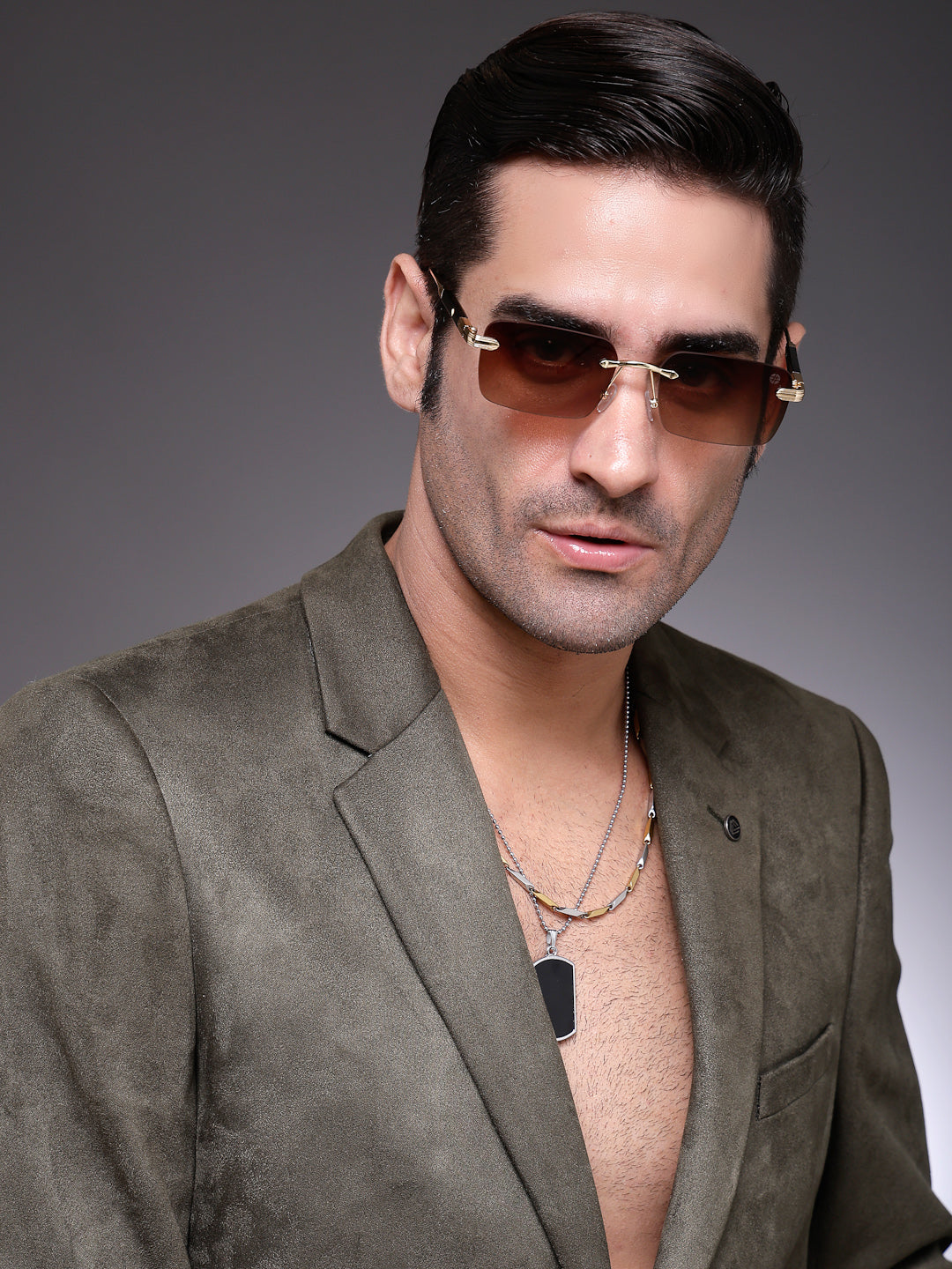 Veyra | Brown Medium Rim Less Rectangle Sunglasses for Men [UV-protected]