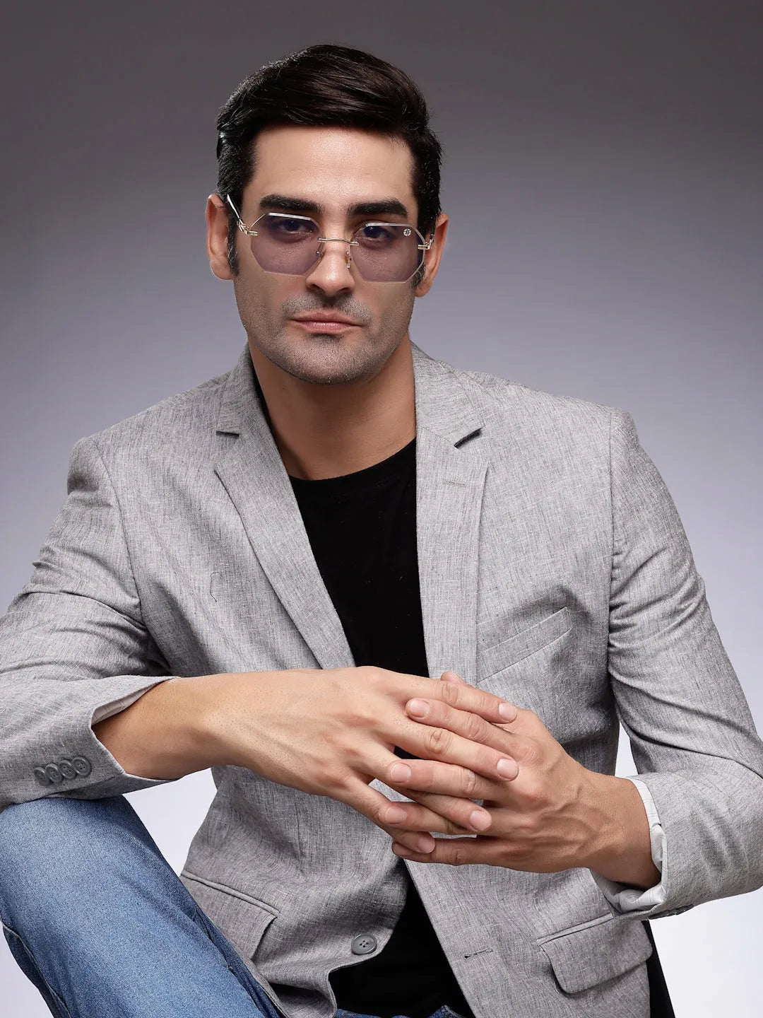 VisionVogue | Grey Medium Rim Less Hexagonal Sunglasses for Men & Women [UV-protected]