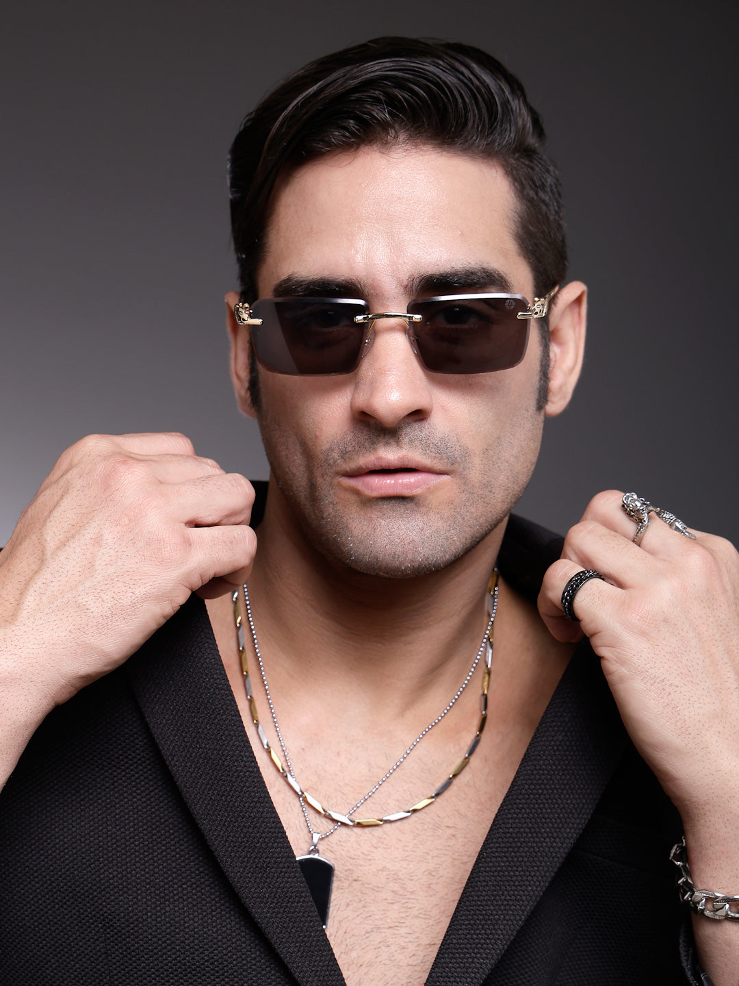 Clyra | Black Medium Rim Less Square Sunglasses for Men [UV-protected]