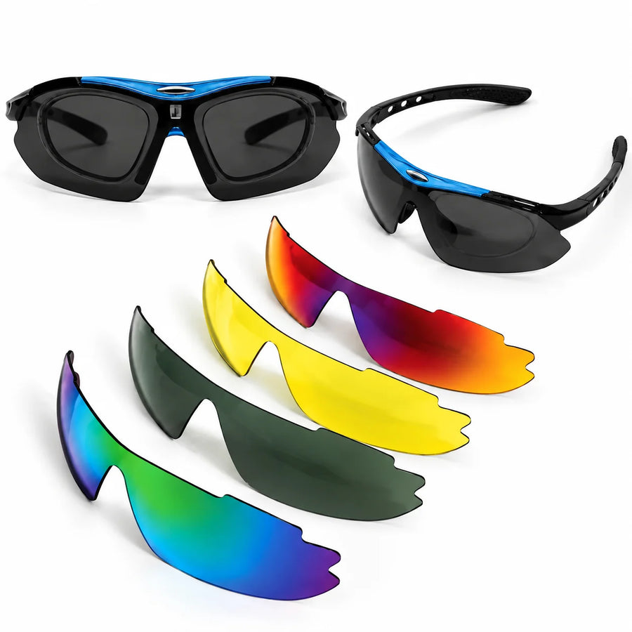 Valkor | Blue & Black Free Size Half Rim Shield Sports Sunglasses for Men & Women Changeable Lens  [Polarized]
