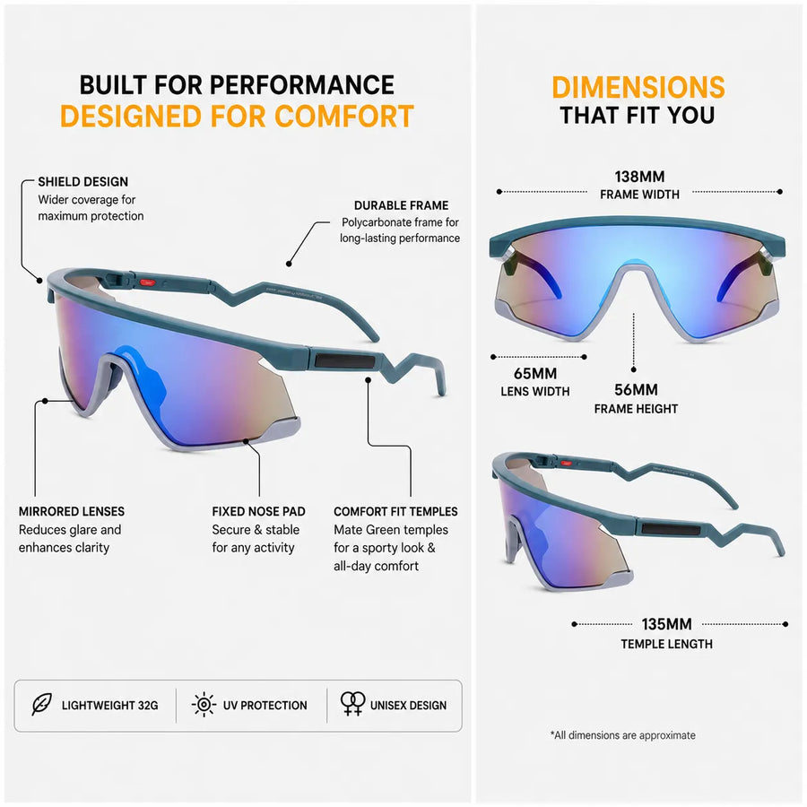 Eaga | Mate Green & Grey Large Half Rim Shield Sports Sunglasses for Men & Women [Mirrored]