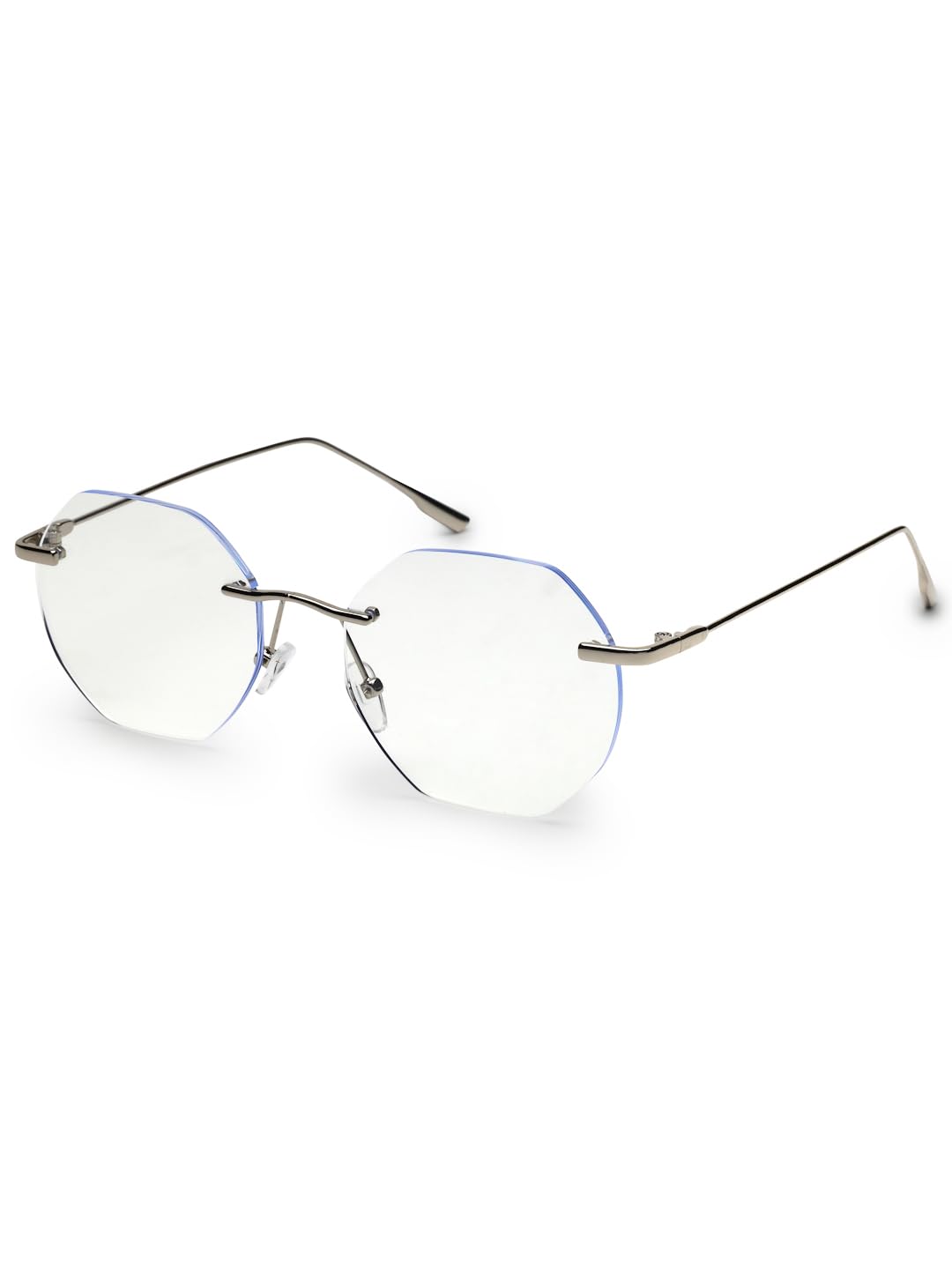 Hexora | Silver Medium Rim Less Octagon Computer Glasses for Men & Women [Blue Block]