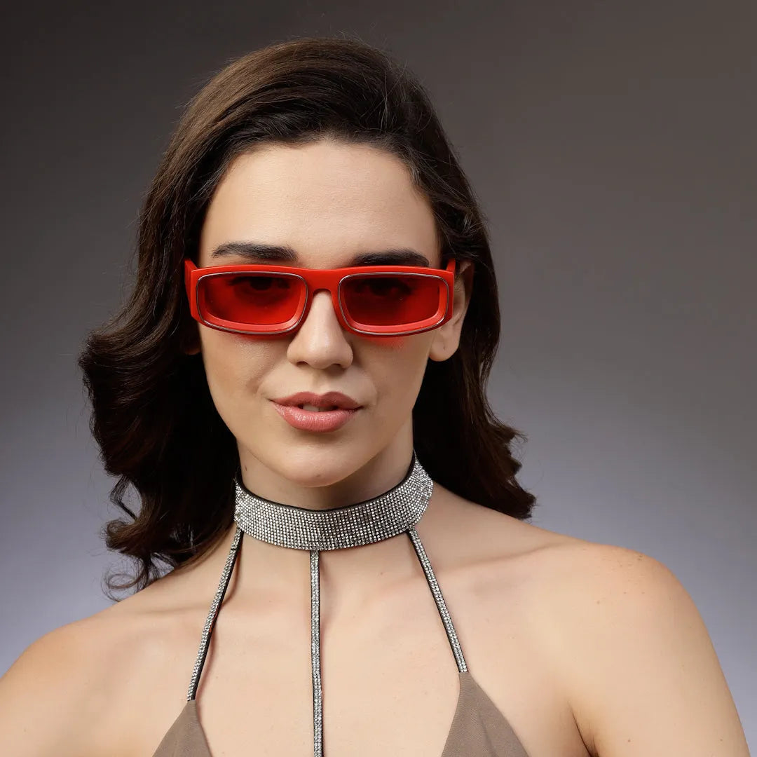 Crystix | Red Small Full Rim Rectangle Sunglasses for Men & Women [UV-protected]