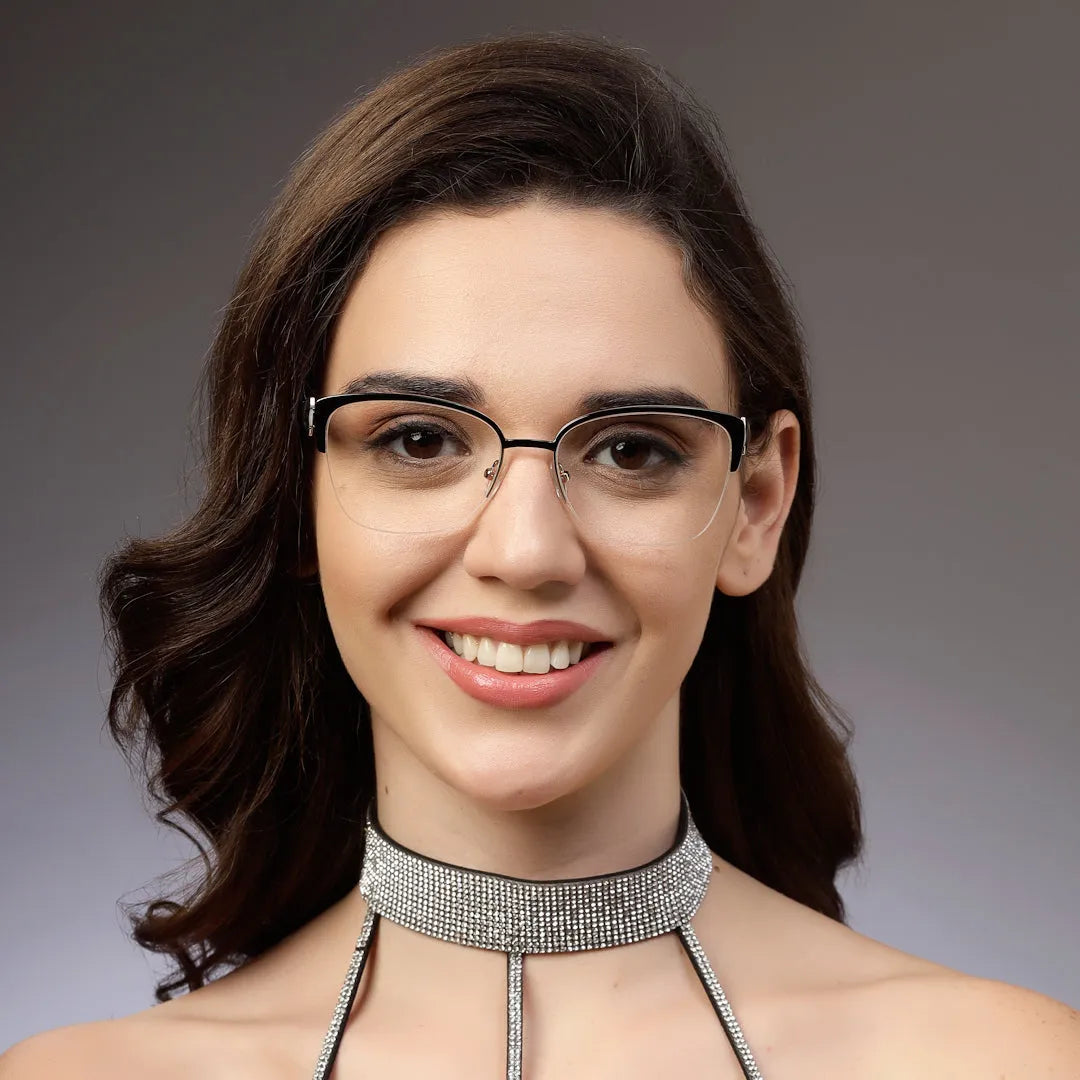 Luxury | Black Medium Half Rim Cateye Eyeglasses for Women [Demo Lens]