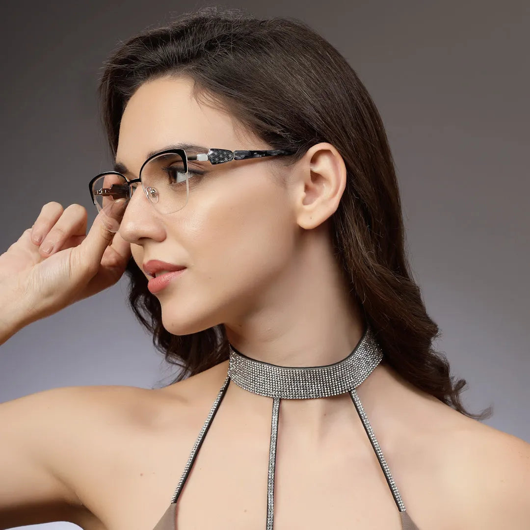 Luxury | Black Medium Half Rim Cateye Eyeglasses for Women [Demo Lens]