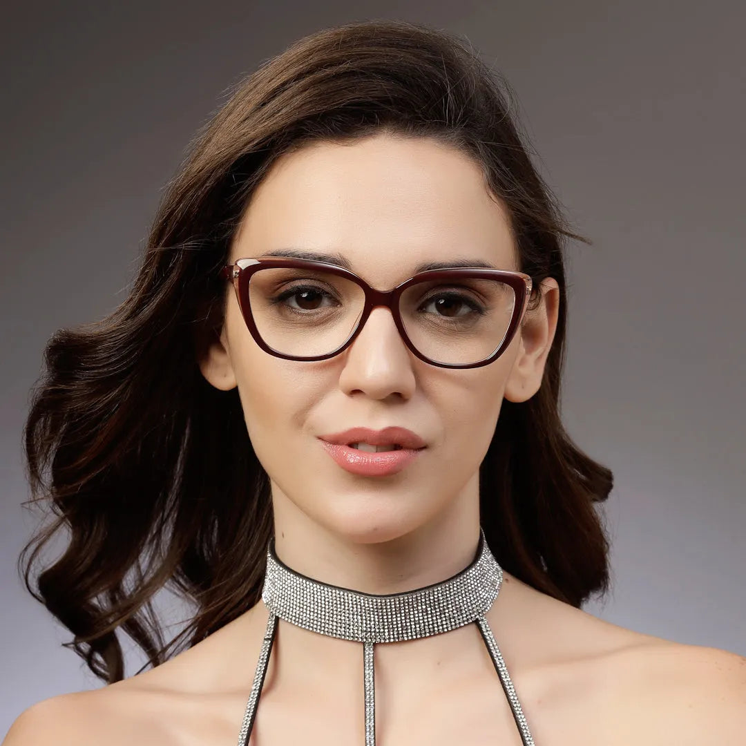 Luxury | Golden-Dark Red Medium Full Rim Cateye Eyeglasses for Women [Demo Lens]