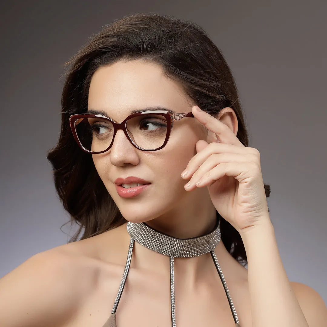 Luxury | Golden-Dark Red Medium Full Rim Cateye Eyeglasses for Women [Demo Lens]