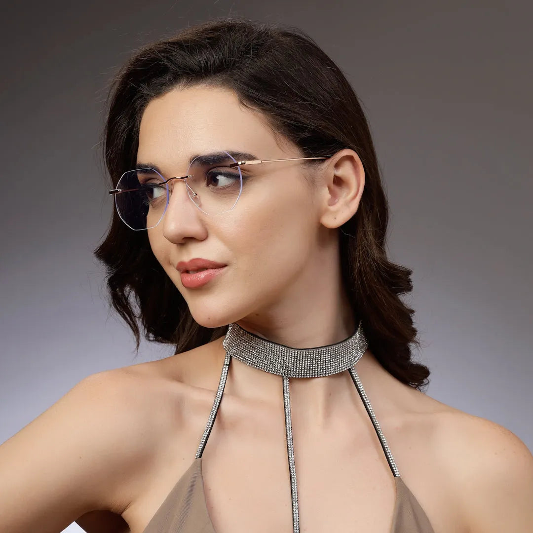 Hexora | Rose Gold Medium Rim Less Octagon Computer Glasses for Men & Women [Blue Block]