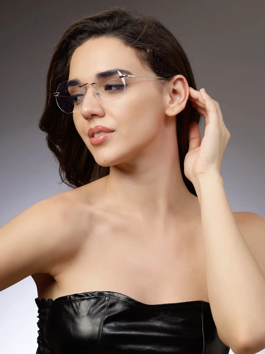 Hexora | Silver Medium Rim Less Octagon Computer Glasses for Men & Women [Blue Block]