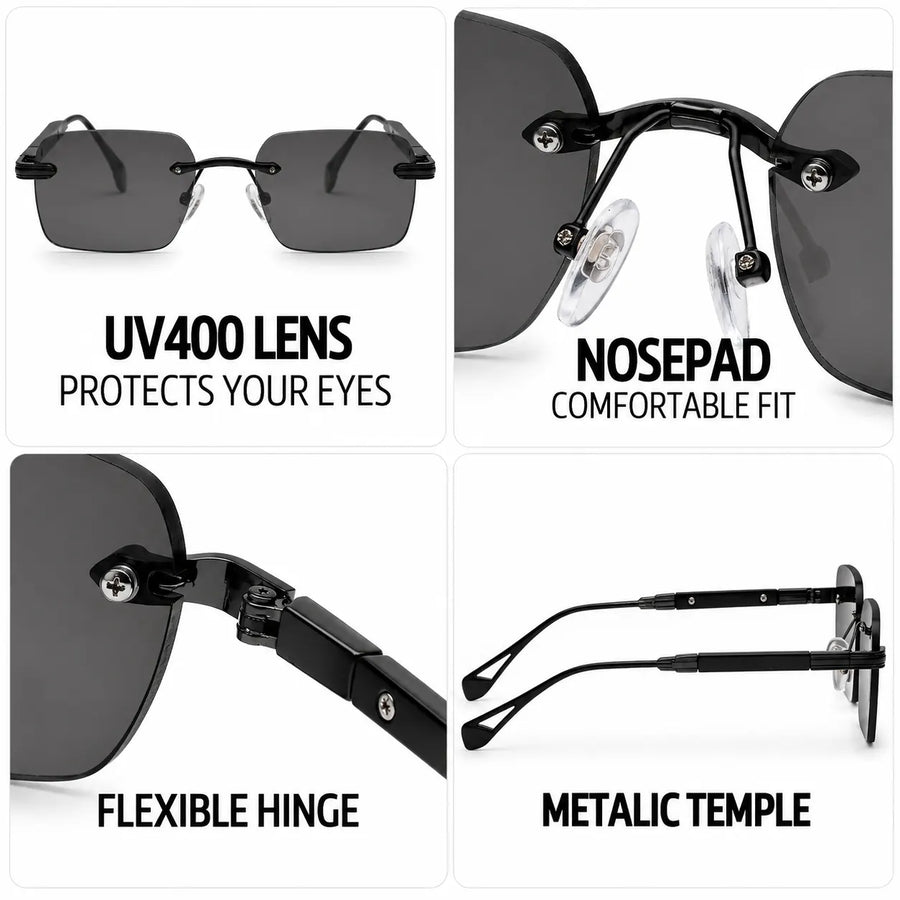 Veyra | Black Medium Rim Less Rectangle Sunglasses for Men [UV-protected]