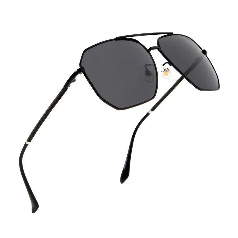 Lenis | Black Large Full Rim Hexagonal Sunglasses for Men & Women [Polarized]