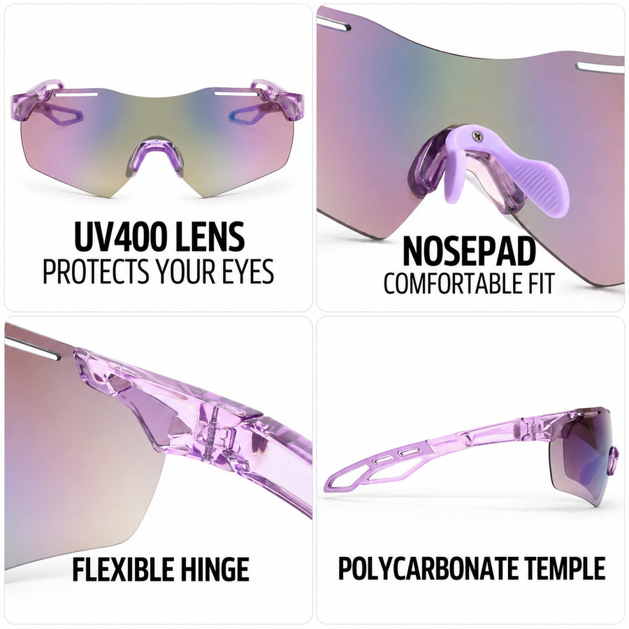 Quad | Transparent Violet Medium Rim Less Shield Sports Sunglasses for Men & Women [UV-protected]