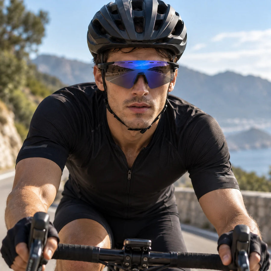 Auryon | Black & Blue Large Rim Less Shield Sports Sunglasses for Men & Women [UV-protected]