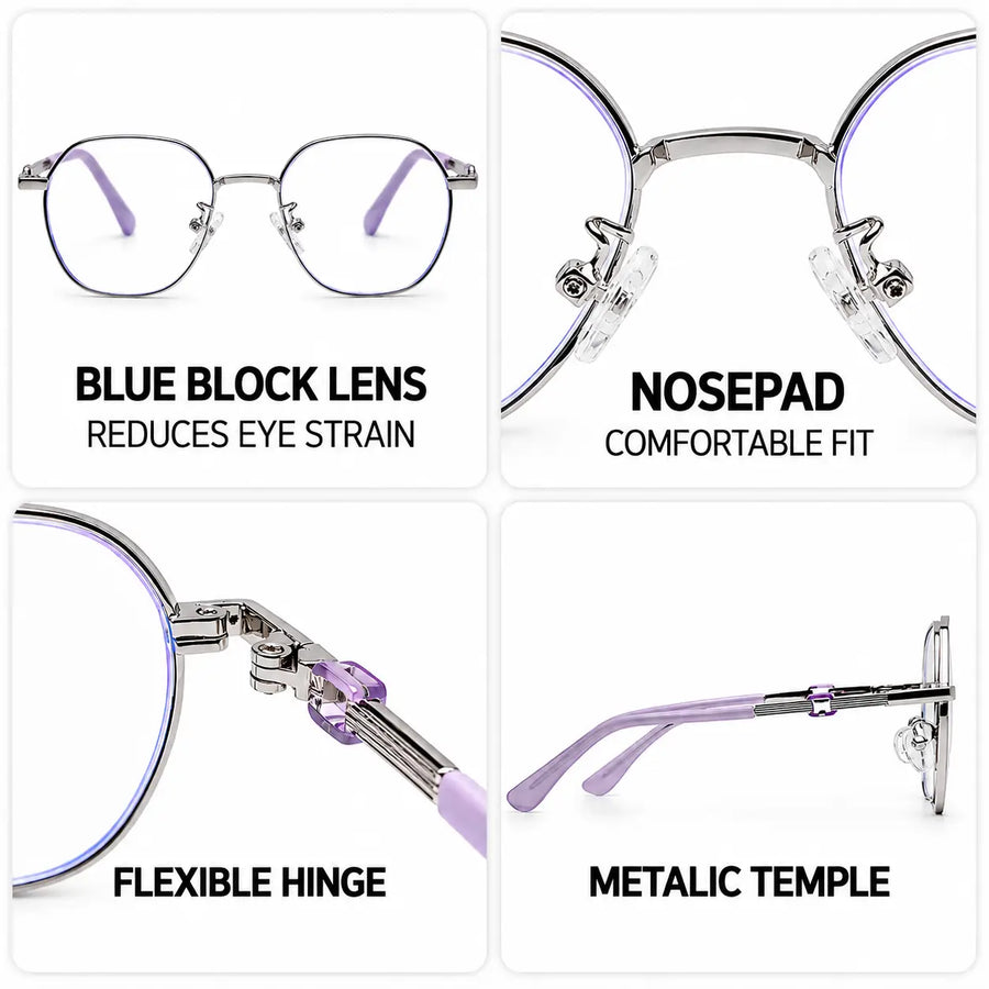 Frostis | Silver & Purple Small Full Rim Hexagonal Computer Glasses for Men & Women [Blue Block]