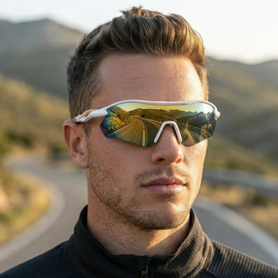 Falcon | White Large Half Rim Shield Sports Sunglasses for Men & Women [Mirrored]