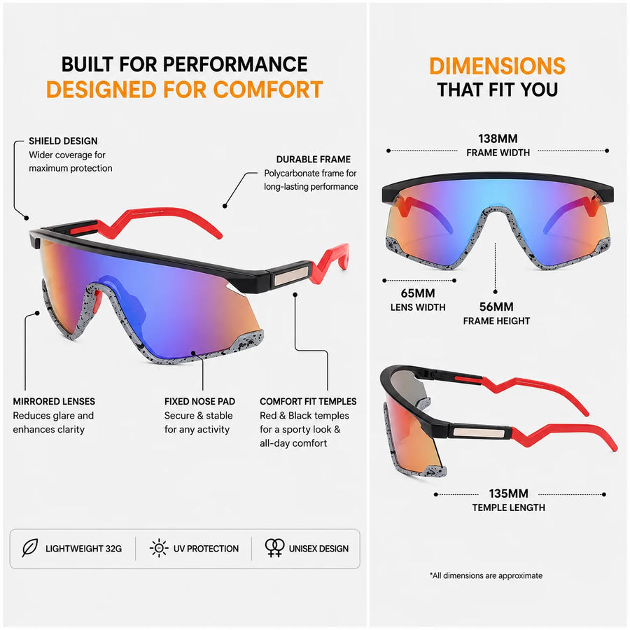 Eaga | Black-Grey Texture Large Half Rim Shield Sports Sunglasses for Men & Women [Mirrored]