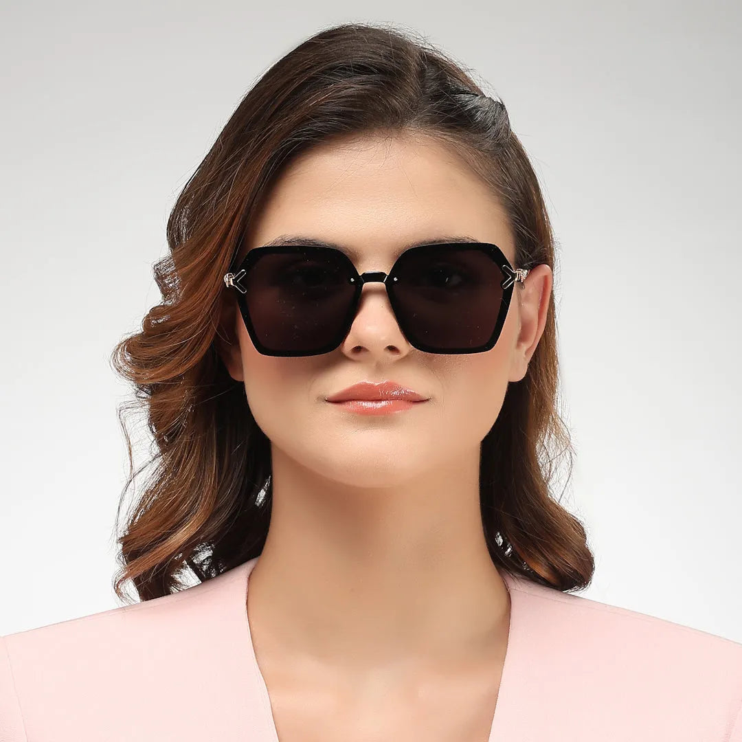 Veilion | Black Large Full Rim Hexagonal Sunglasses for Women [UV-protected]