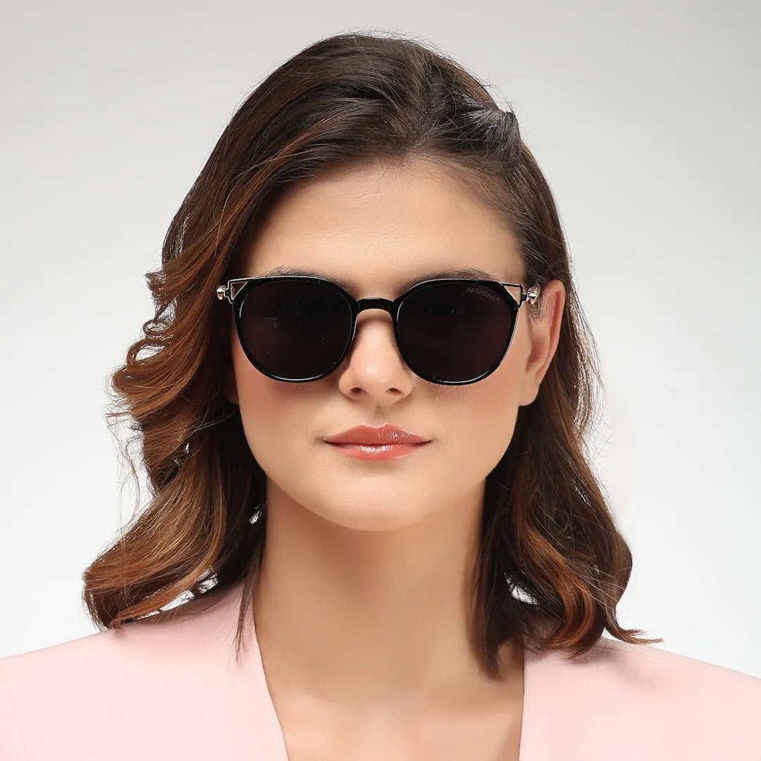 Vortex | Black Medium Full Rim Round Sunglasses for Women [UV-protected]