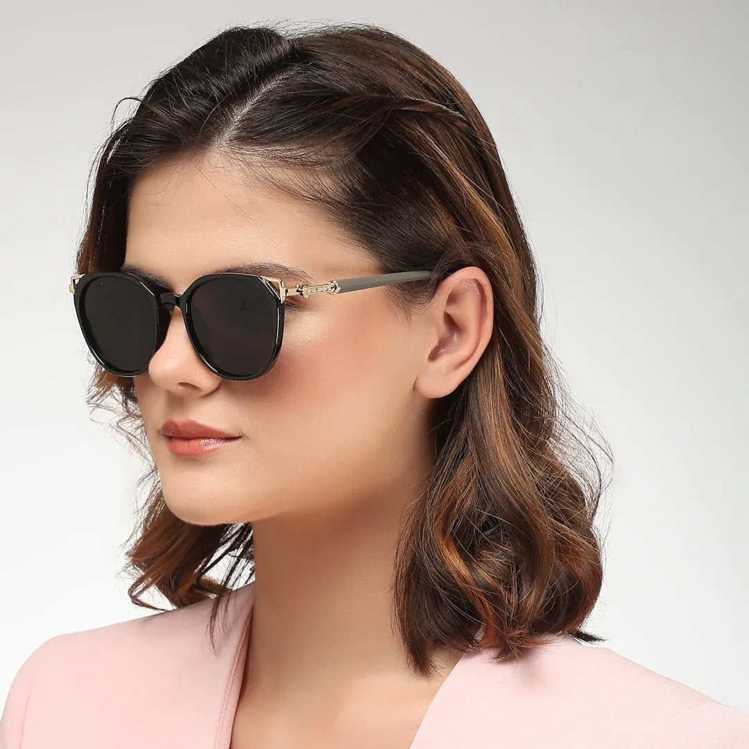 Vortex | Black Medium Full Rim Round Sunglasses for Women [UV-protected]