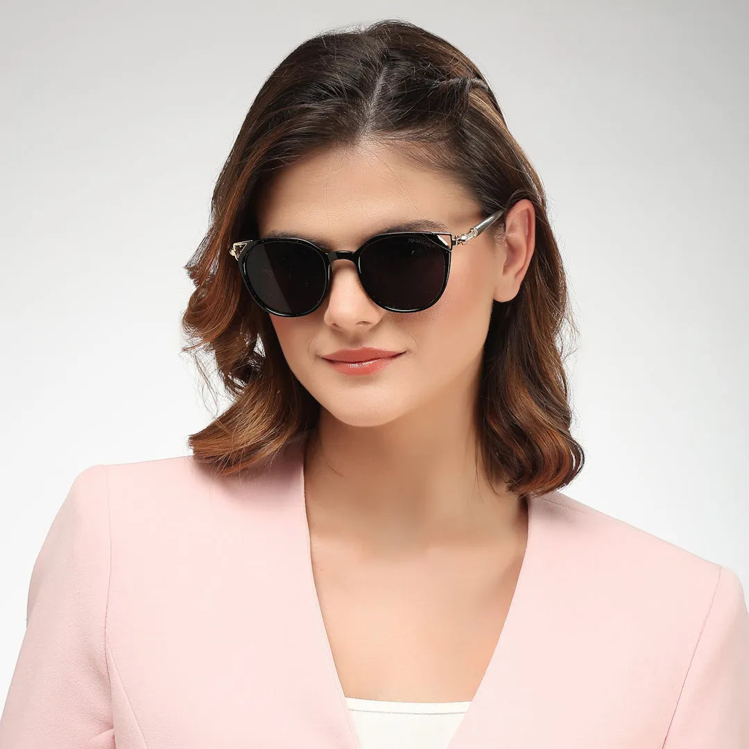 Vortex | Black Medium Full Rim Round Sunglasses for Women [UV-protected]