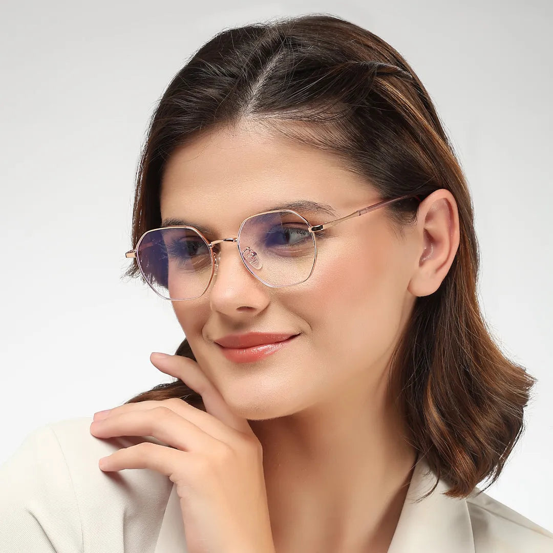 Dravon | Golden Rose Medium Full Rim Hexagonal Computer Glasses for Men & Women [Blue Block]