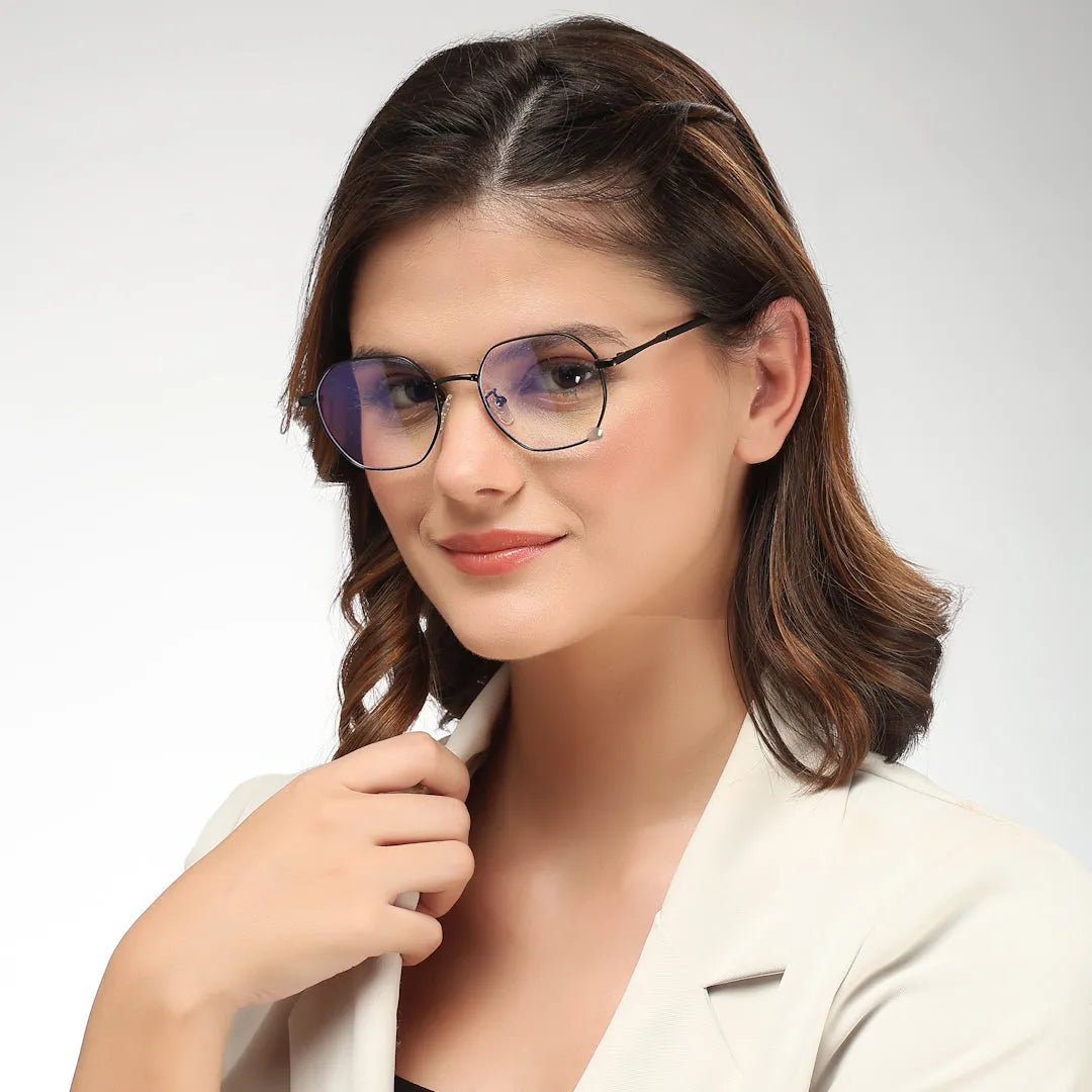 Dravon | Black Medium Full Rim Hexagonal Computer Glasses for Men & Women [Blue Block]