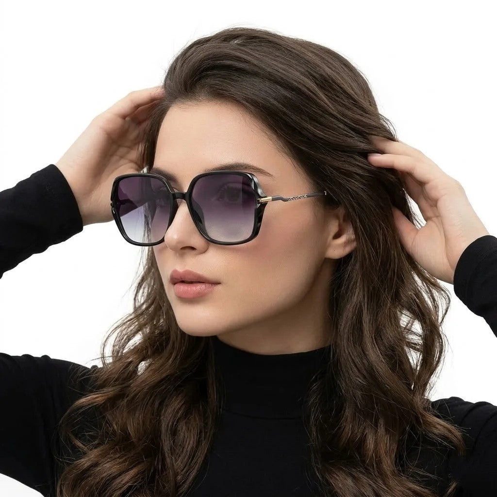Driftis | Black Large Full Rim Hexagonal Sunglasses for Women [Polarized]